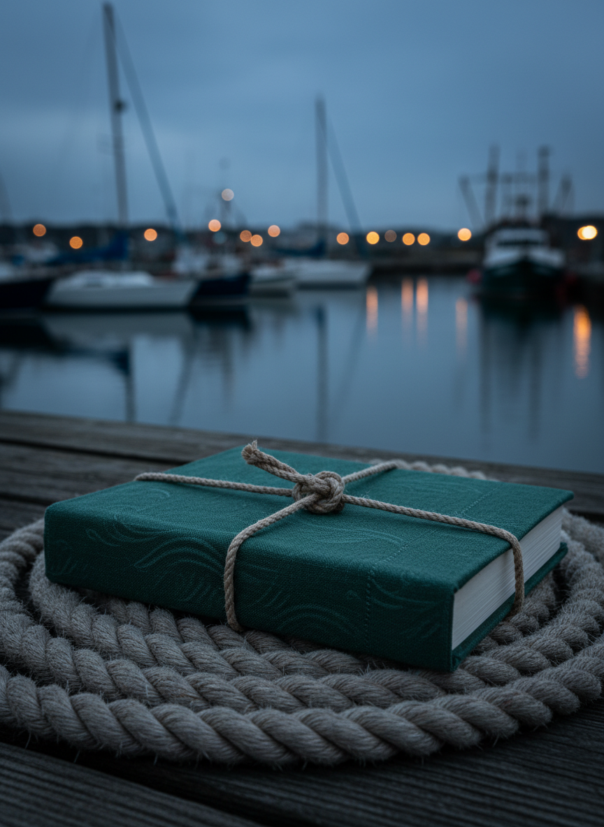 An elegant still life of a closed book wrapped in dark green linen with a subtle wave motif, bound by a thin, frayed rope knot reminiscent of a sailor’s tie, resting atop a coiled thick ship rope on a pier. The rough texture of the rope contrasts with the refined fabric of the book. In the background, out of focus, lie moored boats and distant harbor lights just beginning to glow at blue hour. Cool, dim natural light from the overcast evening sky is punctuated by tiny warm points of harbor illumination, creating a cinematic photographic realism. Framed at a low angle with the book in sharp foreground focus and the harbor softened, the atmosphere feels sophisticated, moody, and psychologically charged, as if the book hides stories heavy with salt, memory, and unresolved tension.