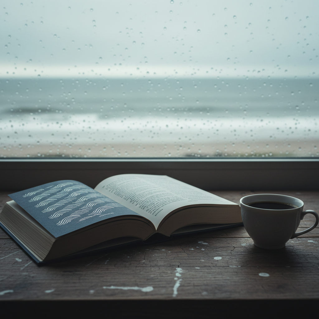 A hardback novel with a deep navy cover subtly embossed with silver waves, lying open on an old wooden writing desk that shows faint salt stains and hairline cracks, as if exposed to sea air. A fine porcelain cup of black coffee sits nearby, its surface trembling slightly. Through a rain-speckled window behind, the suggestion of a distant, blurred shoreline appears. Soft overcast daylight filters in, casting cool, diffused light with gentle, elongated shadows. Photographic realism at eye level, rule-of-thirds composition, shallow depth of field that keeps the open pages sharply detailed while the brooding seascape melts into bokeh, creating a sophisticated, introspective mood of psychological tension and quiet mystery.