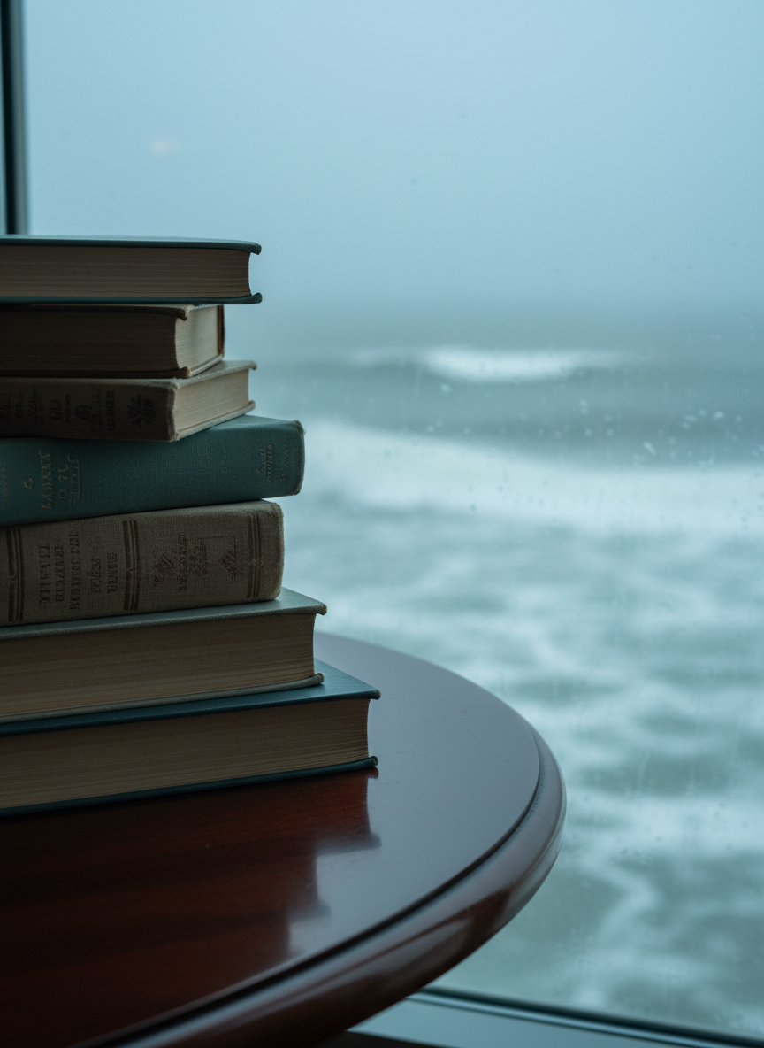 A stack of well-worn maritime-themed novels, their spines in muted shades of teal, slate, and sand, balanced on the edge of a polished dark-wood table that seems almost too close to a large, fogged-up window. Beyond the glass, the vague silhouette of a tumultuous sea is visible, whitecaps blurred by mist. Late-afternoon light seeps in, cool and bluish, creating reflective highlights along the glossy cover edges. Photographic realism from a slightly low angle emphasizes the precariousness of the stack. The foreground is in crisp focus, while the stormy horizon dissolves into a soft blur, evoking a sophisticated atmosphere of suspense, emotional depth, and the lure of dangerous journeys.