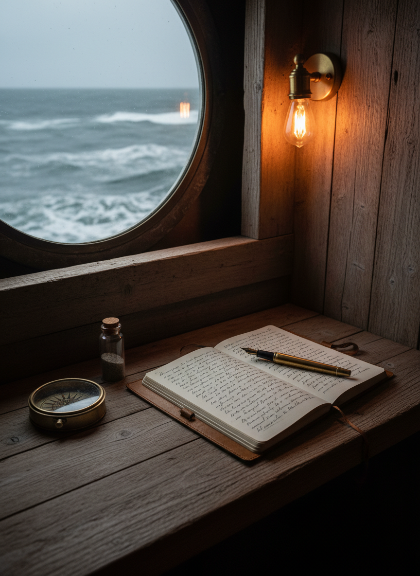 A meticulously arranged writer’s corner on a narrow ship-like built-in desk of weathered driftwood, with an open notebook filled with dense, slanted handwriting and a fountain pen resting diagonally across the page. Beside it sits a brass compass and a tiny glass vial of sand flecked with dark grains. A round porthole window frames a churning, steel-gray ocean. The scene is lit by a single warm brass wall sconce, contrasting with the cold blue daylight on the water, creating dramatic mixed lighting and layered shadows. Photographic realism, shot from a three-quarter angle, with strong depth showing the tight, intimate space. The mood is tense and sophisticated, suggesting secrets, emotional wounds, and untold stories about to surface.