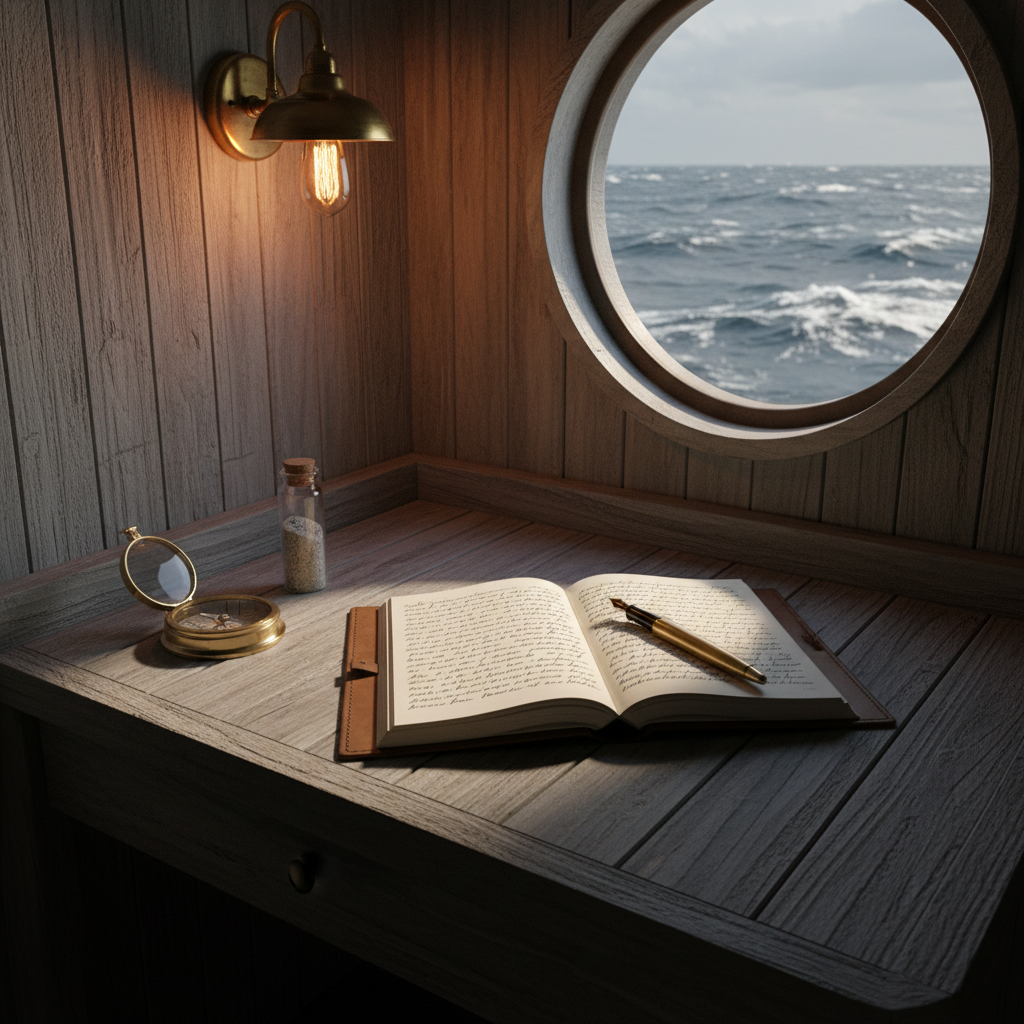 A meticulously arranged writer’s corner on a narrow ship-like built-in desk of weathered driftwood, with an open notebook filled with dense, slanted handwriting and a fountain pen resting diagonally across the page. Beside it sits a brass compass and a tiny glass vial of sand flecked with dark grains. A round porthole window frames a churning, steel-gray ocean. The scene is lit by a single warm brass wall sconce, contrasting with the cold blue daylight on the water, creating dramatic mixed lighting and layered shadows. Photographic realism, shot from a three-quarter angle, with strong depth showing the tight, intimate space. The mood is tense and sophisticated, suggesting secrets, emotional wounds, and untold stories about to surface.