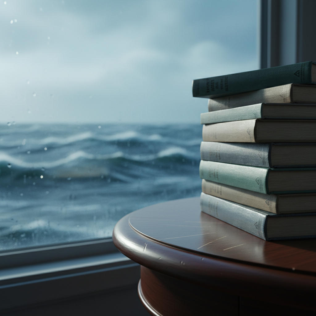 A stack of well-worn maritime-themed novels, their spines in muted shades of teal, slate, and sand, balanced on the edge of a polished dark-wood table that seems almost too close to a large, fogged-up window. Beyond the glass, the vague silhouette of a tumultuous sea is visible, whitecaps blurred by mist. Late-afternoon light seeps in, cool and bluish, creating reflective highlights along the glossy cover edges. Photographic realism from a slightly low angle emphasizes the precariousness of the stack. The foreground is in crisp focus, while the stormy horizon dissolves into a soft blur, evoking a sophisticated atmosphere of suspense, emotional depth, and the lure of dangerous journeys.