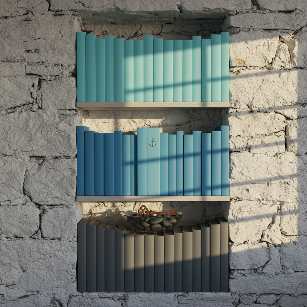 A narrow bookshelf built directly into a wall of rough, whitewashed stone, filled with sea-colored novels in gradients of turquoise, indigo, and storm gray. One book protrudes slightly, its spine marked only by a small embossed silver anchor. On the shelf below, a glass bowl holds a collection of dark, wave-smoothed stones and one unexpected rusted key. Soft golden-hour sunlight slants in from an unseen window to the right, creating long, delicate shadows across the textured stone and glints on the key’s corroded edges. Photographic realism with a straight-on, eye-level composition, moderate depth of field keeping all elements in crisp detail. The mood is sophisticated, quietly unsettling, and full of latent psychological drama, suggesting hidden doors and the pull of submerged secrets.