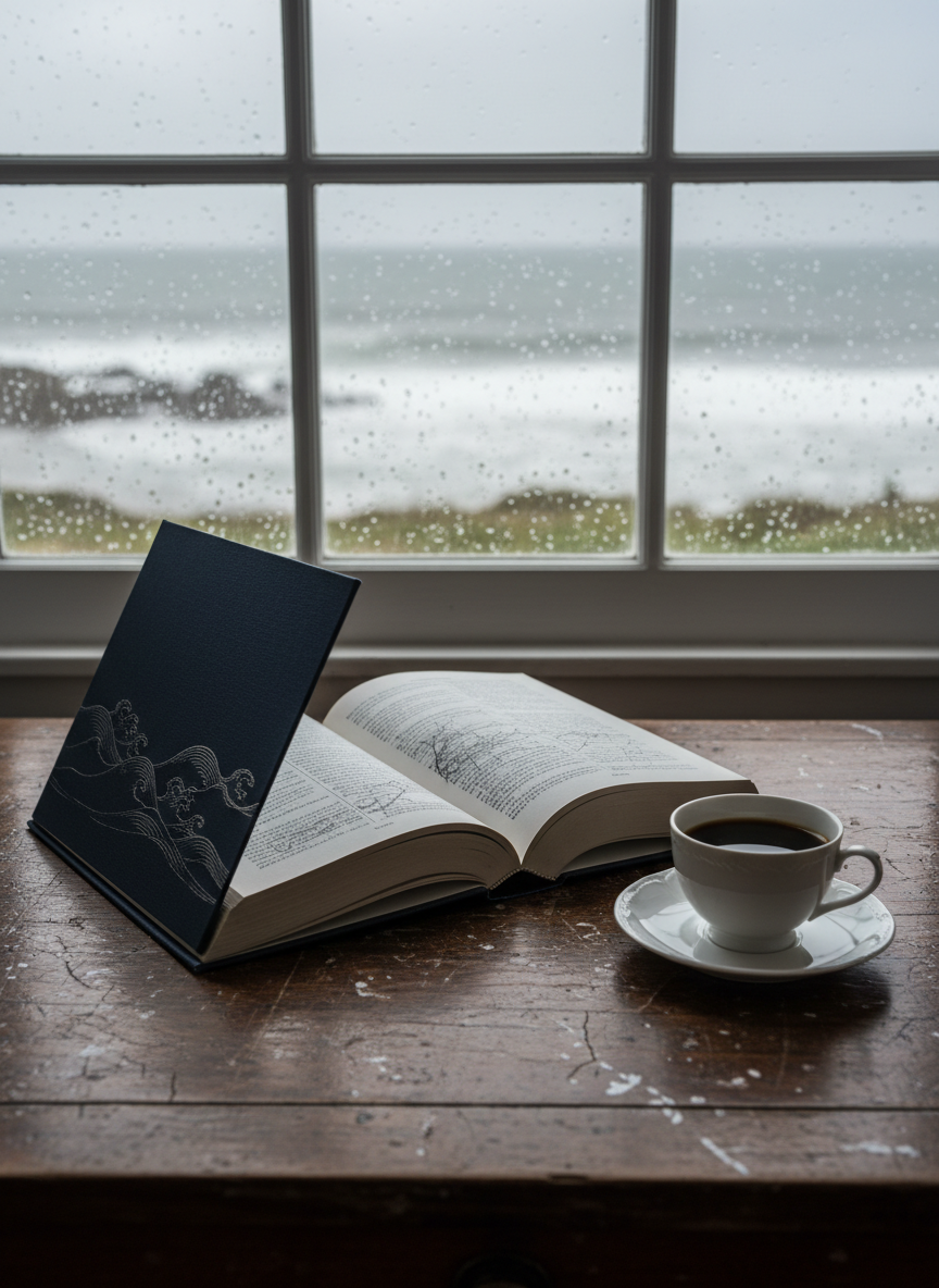 A hardback novel with a deep navy cover subtly embossed with silver waves, lying open on an old wooden writing desk that shows faint salt stains and hairline cracks, as if exposed to sea air. A fine porcelain cup of black coffee sits nearby, its surface trembling slightly. Through a rain-speckled window behind, the suggestion of a distant, blurred shoreline appears. Soft overcast daylight filters in, casting cool, diffused light with gentle, elongated shadows. Photographic realism at eye level, rule-of-thirds composition, shallow depth of field that keeps the open pages sharply detailed while the brooding seascape melts into bokeh, creating a sophisticated, introspective mood of psychological tension and quiet mystery.